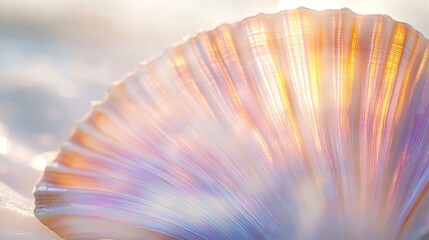 Fototapeta premium Seashell Shimmers in Golden Light Close Up Macro Abstract Beach Treasure Ocean Find Detail Texture