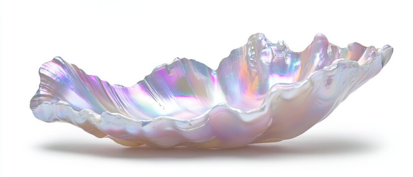 Iridescent Seashell Displayed on White Backdrop Studio Shot Showing Pearl Luster and Textured Surface for Ocean Theme