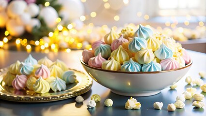 A Festive Display of Delicate Pastel Meringues,  Artistically Arranged in a White Bowl and Scattered on a Golden Plate, Against a Softly Blurred Background of Twinkling Lights