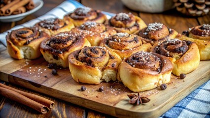 Sweet Cinnamon Rolls with a Powdered Sugar Glaze and Star Anise on a Wooden Cutting Board