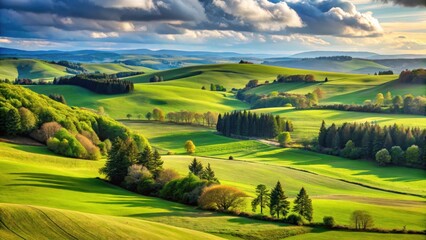 Naklejka premium Landscape of vast open space with rolling hills and tall trees, landscape, green fields
