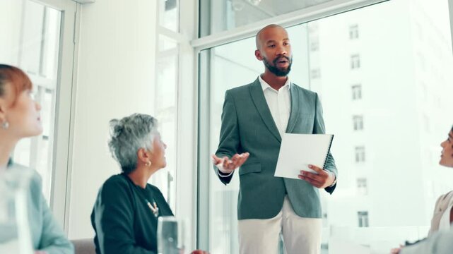 Business, people and speaker with documents in meeting for financial pitch, funding request and investment proposal. Finance, stakeholders and discussion with paperwork for budget report and feedback