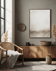 A serene and elegantly designed interior space, featuring a minimalist aesthetic and an ambiance of tranquility. The scene centers around a wooden cabinet, adorned with decorative elements.