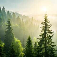 Fototapeta premium Spruce Treetops On A Hazy Morning Wonderful Nature.