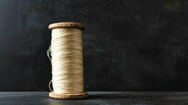 spool of jute twine on wooden surface against dark backdrop, crafting tool, art and design