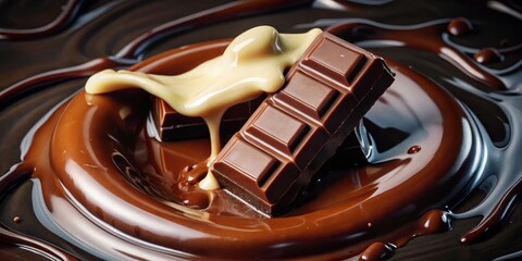 A close-up view of a milk chocolate bar melting into a swirl of dark chocolate, creating a rich and decadent scene.
