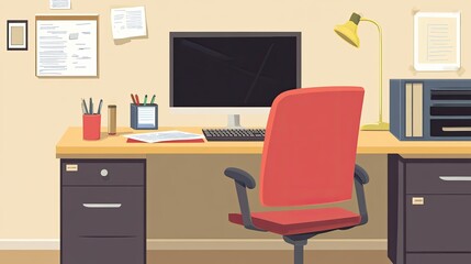 A modern office workspace featuring a desk with a computer, stationary, and a cozy chair, creating a productive environment for work or study, with notes pinned on the wall