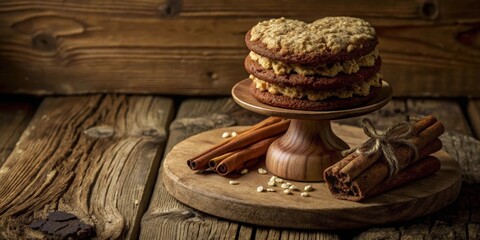 A Rustic Still Life Featuring a Stack of Spiced Cookies on a Wooden Pedestal with Cinnamon Sticks and Rice Grains