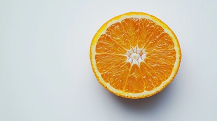 A vibrant orange sliced in half with juicy pulp visible, on a white background