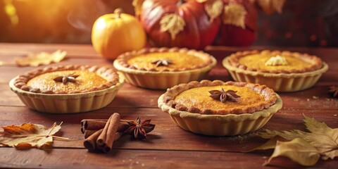 A trio of golden pumpkin pies with star anise and cinnamon sticks, a delicious autumnal dessert