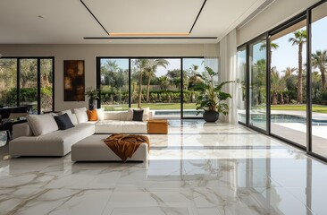 Naklejka premium Modern living room interior design with outdoor views.