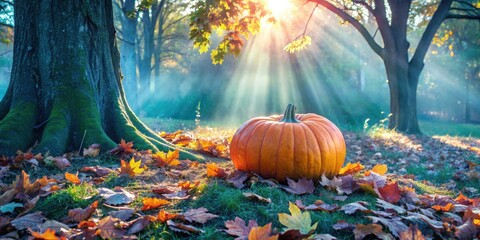 A single pumpkin rests at the base of a tree in a forest, bathed in the golden light of the rising sun, its orange skin glowing against the backdrop of autumn foliage.