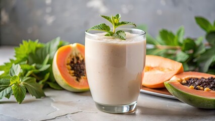Refreshing papaya and mint smoothie in a glass with fresh fruit on a light background