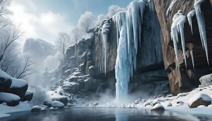 Majestic icicles cling to rocky cliffs over a frigid pond in a serene, wintry landscape scene