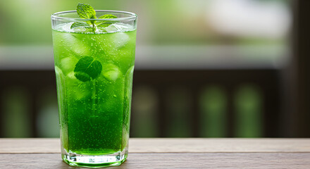 Refreshing Green Mojito With Mint Leaves And Ice On Wooden Table