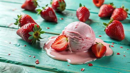 A scoop of pink ice cream melting on a turquoise wooden table surrounded by fresh strawberries.