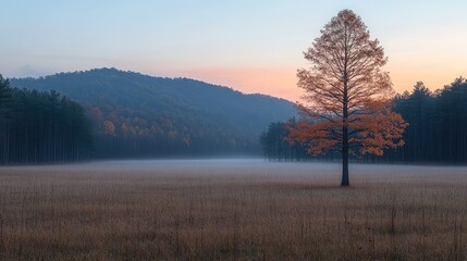 Fototapeta premium Lone autumn tree in misty sunrise valley