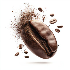 Giant Coffee Bean Disintegrating into Dynamic Powder Explosion &ndash; Isolated High-Resolution Realistic Photography on White Background