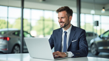 A businessman car salesman sits with a laptop in a car dealership
