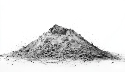 Grey powder pile against white background.  A large mound of grey powder, with some particles scattered around the base, sits on a plain white surface
