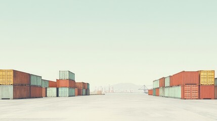 Fototapeta premium A serene view of a shipping yard filled with colorful containers, showcasing an organized layout under a clear sky, with distant city skyline and cranes in the background