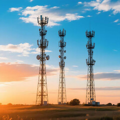 "Three Telecom Towers at Golden Hour in Rural Landscape with Scenic Sky"