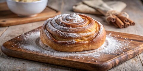 A freshly baked sweet roll with a generous dusting of powdered sugar sits on a rustic wooden board, ready for enjoyment.
