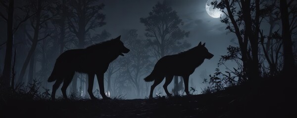 Lone wolf silhouetted, full moonlit thicket run,  fur,  mystical,  majestic
