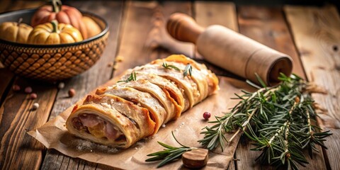 A Sliced Pastry with a Golden Crust and Sweet Filling, Presented on Parchment Paper with Rosemary Sprigs and a Wooden Rolling Pin