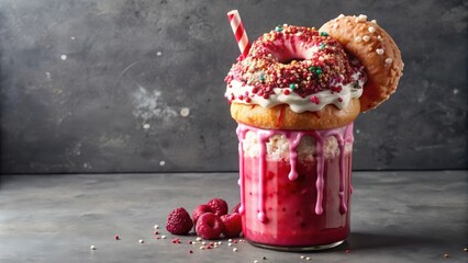 A decadent pink milkshake with a white chocolate glazed donut and sprinkles, topped with a second donut and a red and white striped straw