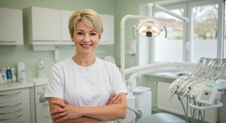 Professional dental clinic environment with smiling dentist offering quality oral care services