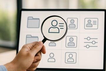 A hand interacts with translucent user cards on a tablet, highlighting one applicant. Concept of streamlined recruitment and candidate management.