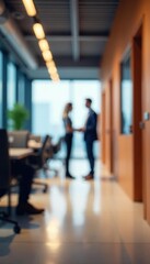 Sleek modern office interior, out-of-focus figures, photography, concept