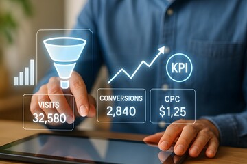 A finger points to a glowing funnel and KPI hologram displaying visits, conversions, and CPC on a tablet. Concept of marketing performance and funnel optimization.