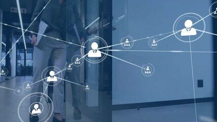 Professional woman walking in business corridor holding documents, with animated network icons - Powered by Adobe