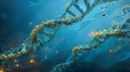 Obraz premium Cosmic dust swirls into DNA helix amid bioluminescence, unraveling life's enigmatic origins 
