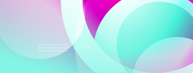 Abstract background features overlapping circles. Colors blendpink, turquoise, white, purple. Modern design, smooth gradients create visual interest.