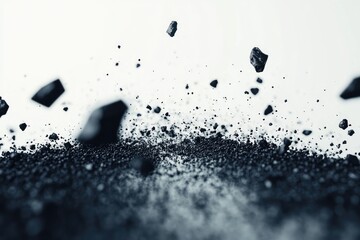 Dark, fragmented matter exploding outward on a white background.  Small, dark fragments of matter are suspended in the air, dispersing outward from a concentrated center