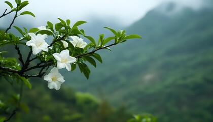 Obraz premium Delicate white blossoms on a branch against a misty mountain backdrop.