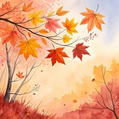 Watercolor Autumn Abstract Background With Maple.