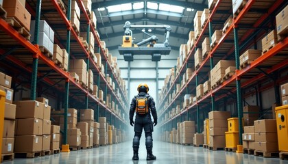 towering stacks of cardboard boxes, gleaming metal shelves overflowing with gadgets, and colorful crates brimming with mysterious objects