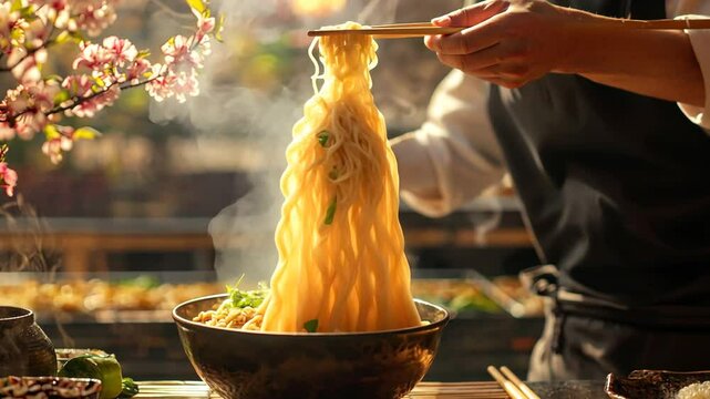 Delicious Steaming Noodles with Chopsticks Asian Cuisine