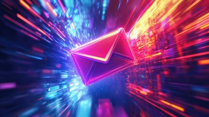 A vibrant digital envelope icon representing communication and connectivity, set against a backdrop of colorful light trails symbolizing speed and technology in a futuristic environment