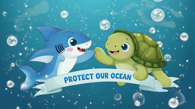 Cartoon Ocean Pals: Shark and Turtle Promoting Ocean Conservation
