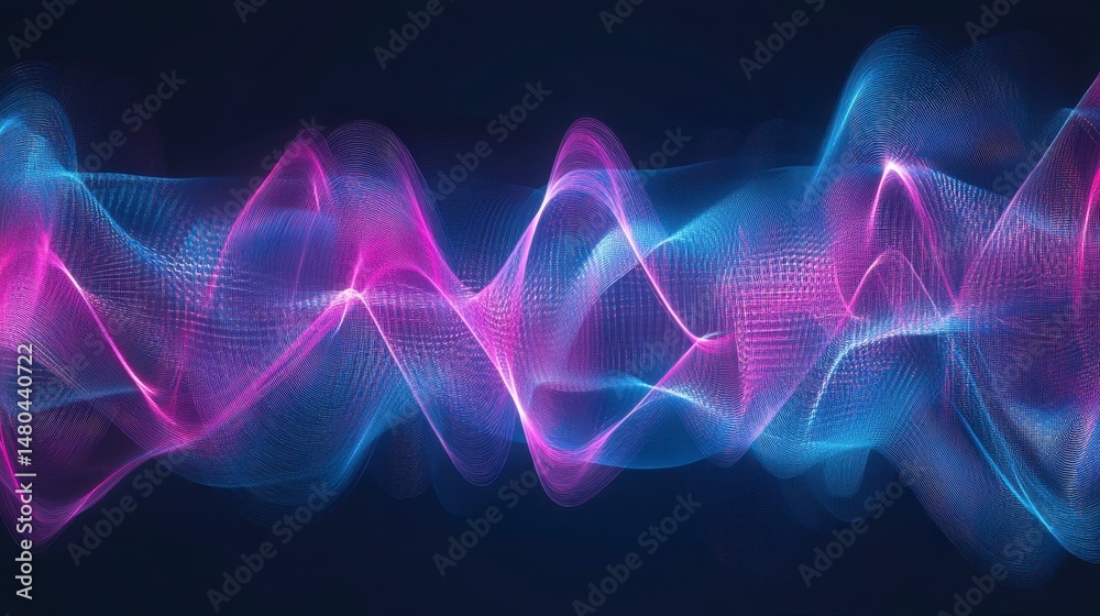 Aufkleber abstract wave pattern with pink and blue glowing light particles on a dark background.