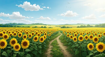 Obraz premium Endless Sunflower Field Under Clear Blue Summer Sky – Scenic Nature Landscape