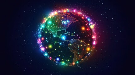 Obraz premium A vibrant digital representation of Earth showcasing interconnected networks of light across continents, symbolizing global communication and connectivity in a technological landscape