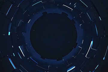 Dark, futuristic circular pattern with glowing lines.  Abstract, geometric, and technological design with a central dark circle.  Intricate, layered design of interconnected square shapes