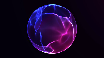 Futuristic glowing energy sphere rotating in dark space. Abstract 3D holographic ball with flowing purple and blue light waves. Perfect for AI, quantum, digital, and high-tech concepts.
