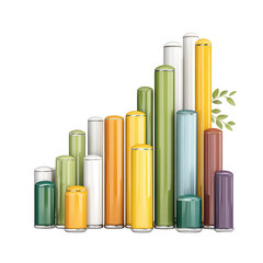 Fototapeta premium Colorful cylindrical pillars stand together on a white backdrop with leaves.